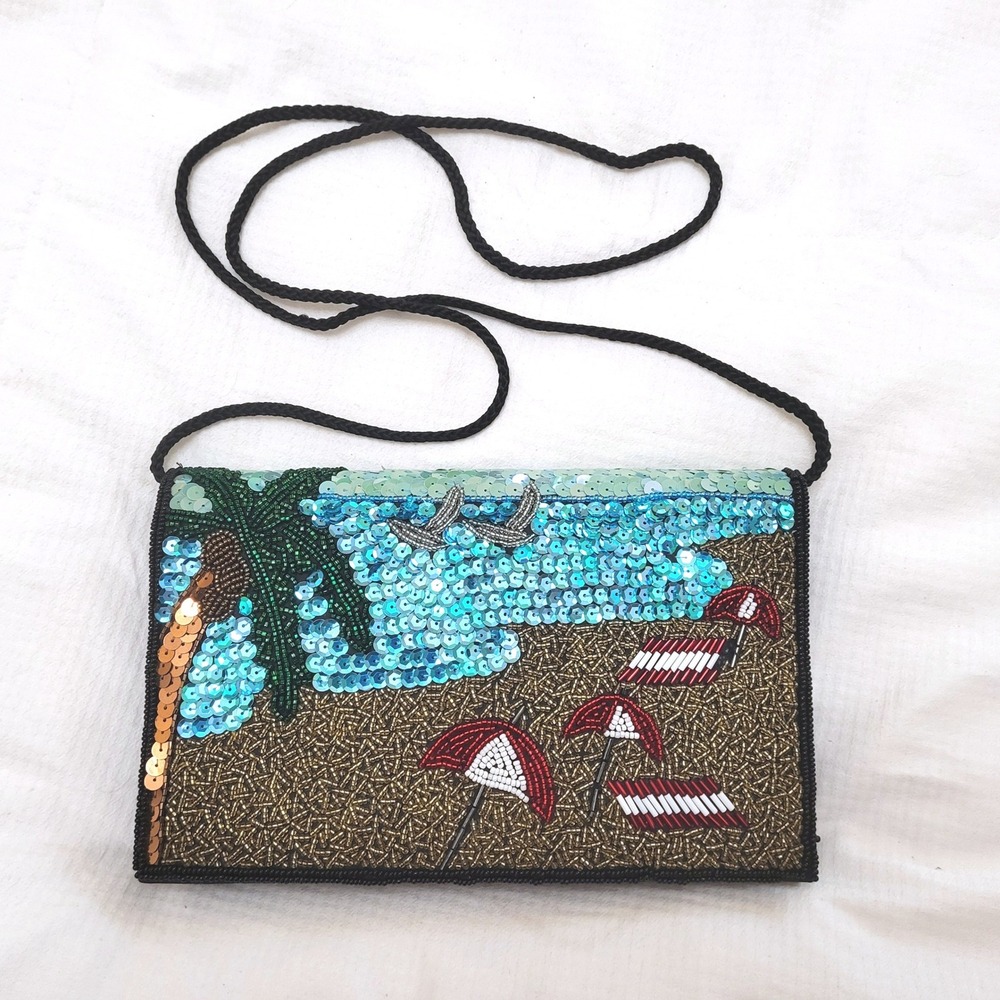 Y2K Sequin Beaded Tropical Beach Scene Travel Vacation Bag Snap Close Purse